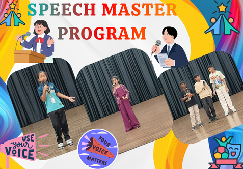 The Speech Master theme encouraged children to express their thoughts clearly and speak confidently before an audience.
The activities focused on developing students’ speaking skills, vocabulary, creativity, general knowledge, and confidence.
